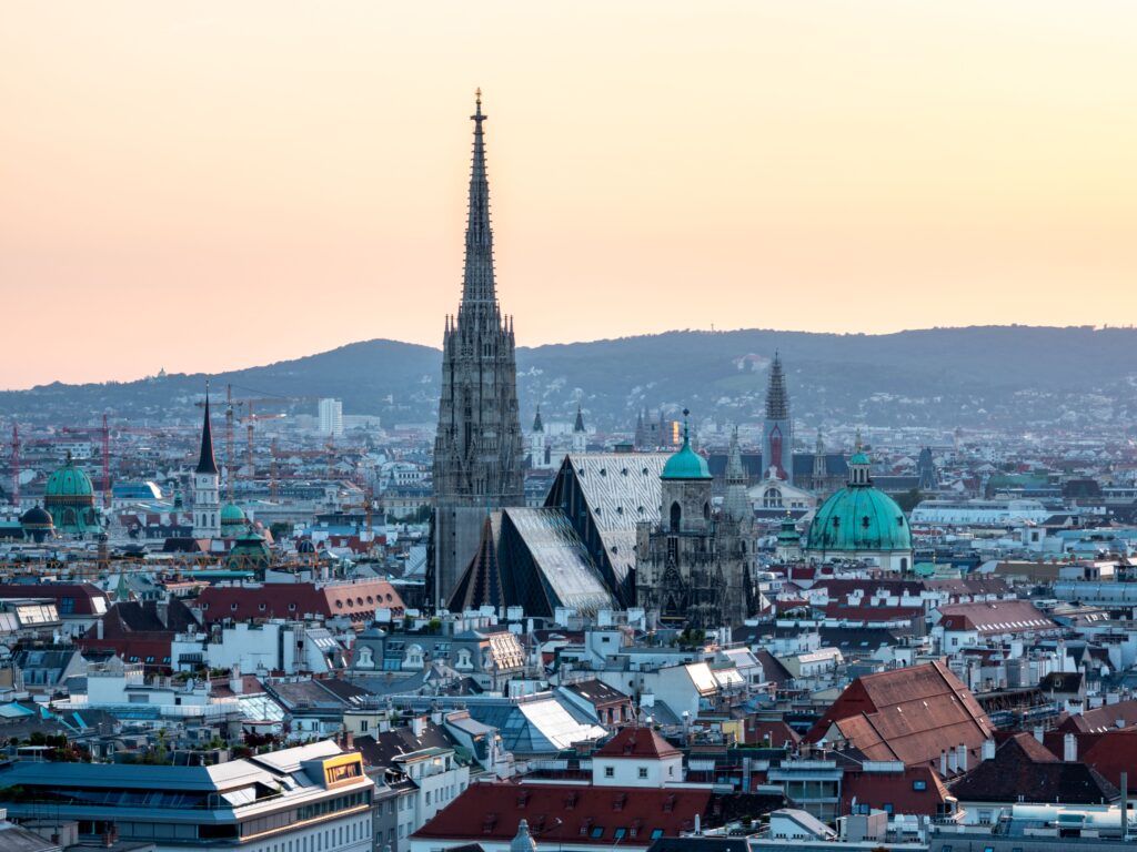 An aerial view of the St. Stephen's Cathedral in Vienna, Austria at sunset